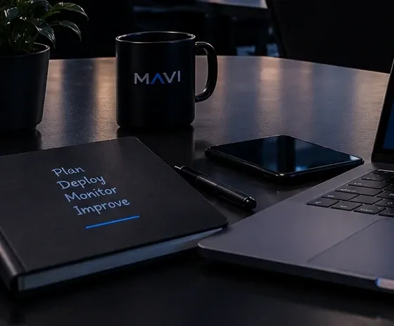 מחברת עם המילים Plan, Deploy, Monitor, Improve ליד ספל של MAVI ומחשב נייד